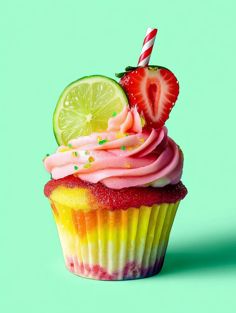 A colorful cupcake with a lime wedge, strawberry, and lemon slice on top.