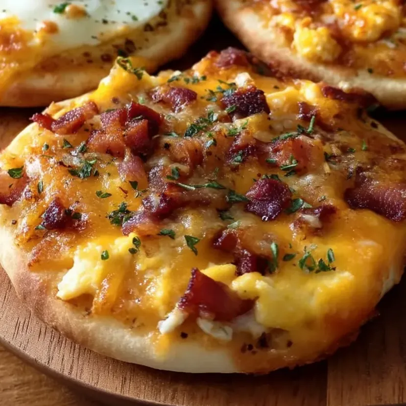 A plate of toasty muffins topped with melty cheese and crispy bacon.