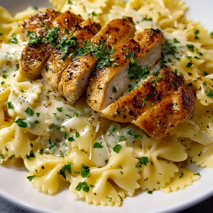Steaming pasta dish with sliced chicken and green herbs.