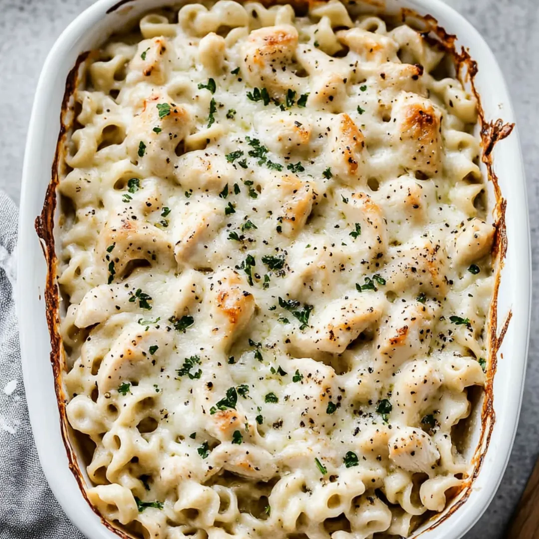 A cozy dish of pasta with chicken.