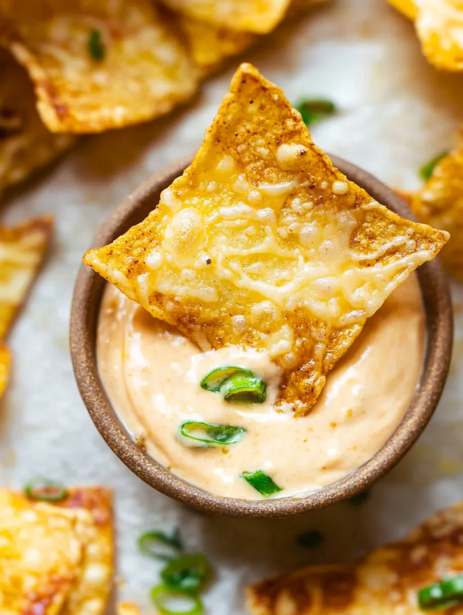 A bowl of dip with a piece of food in it.
