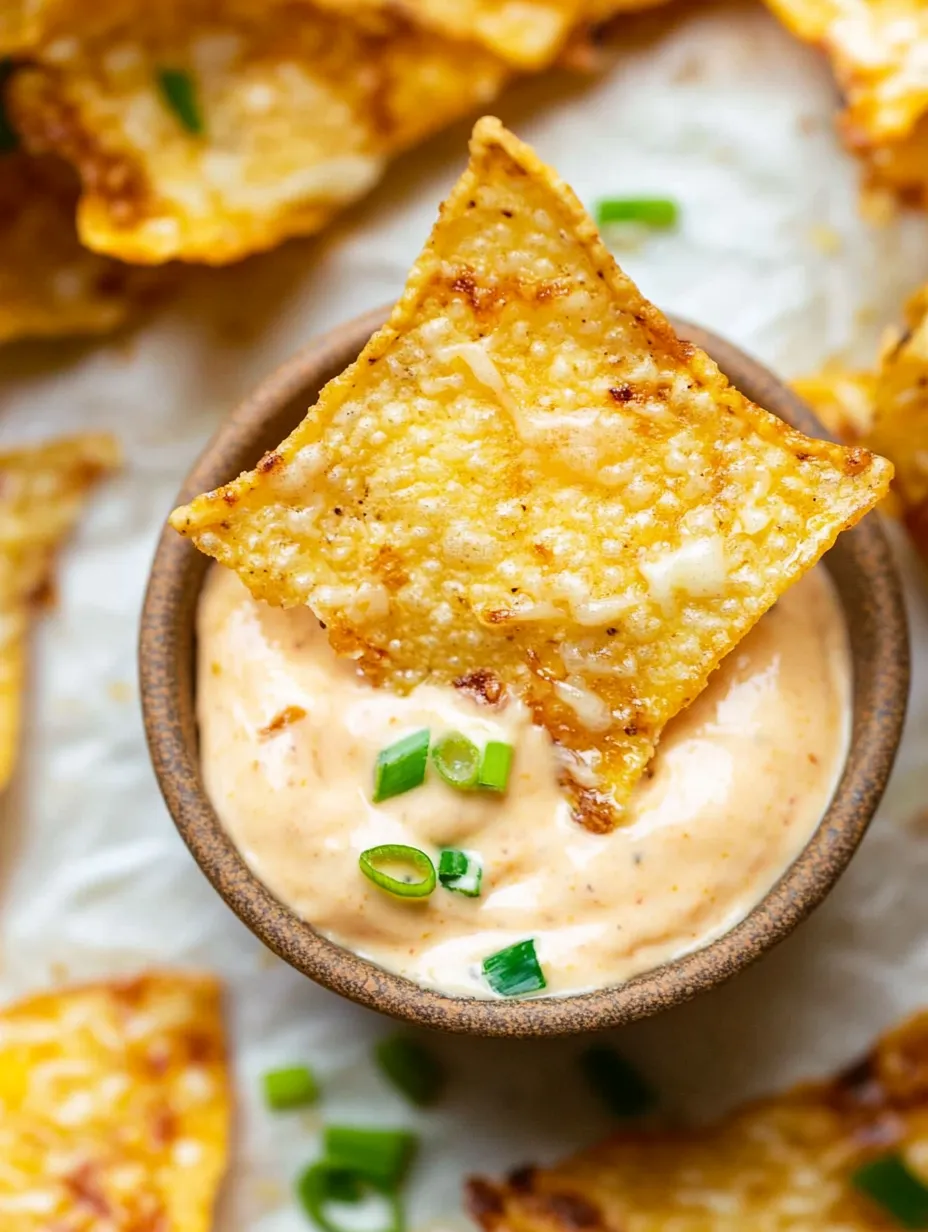 A bowl of dip with a tortilla chip on top.