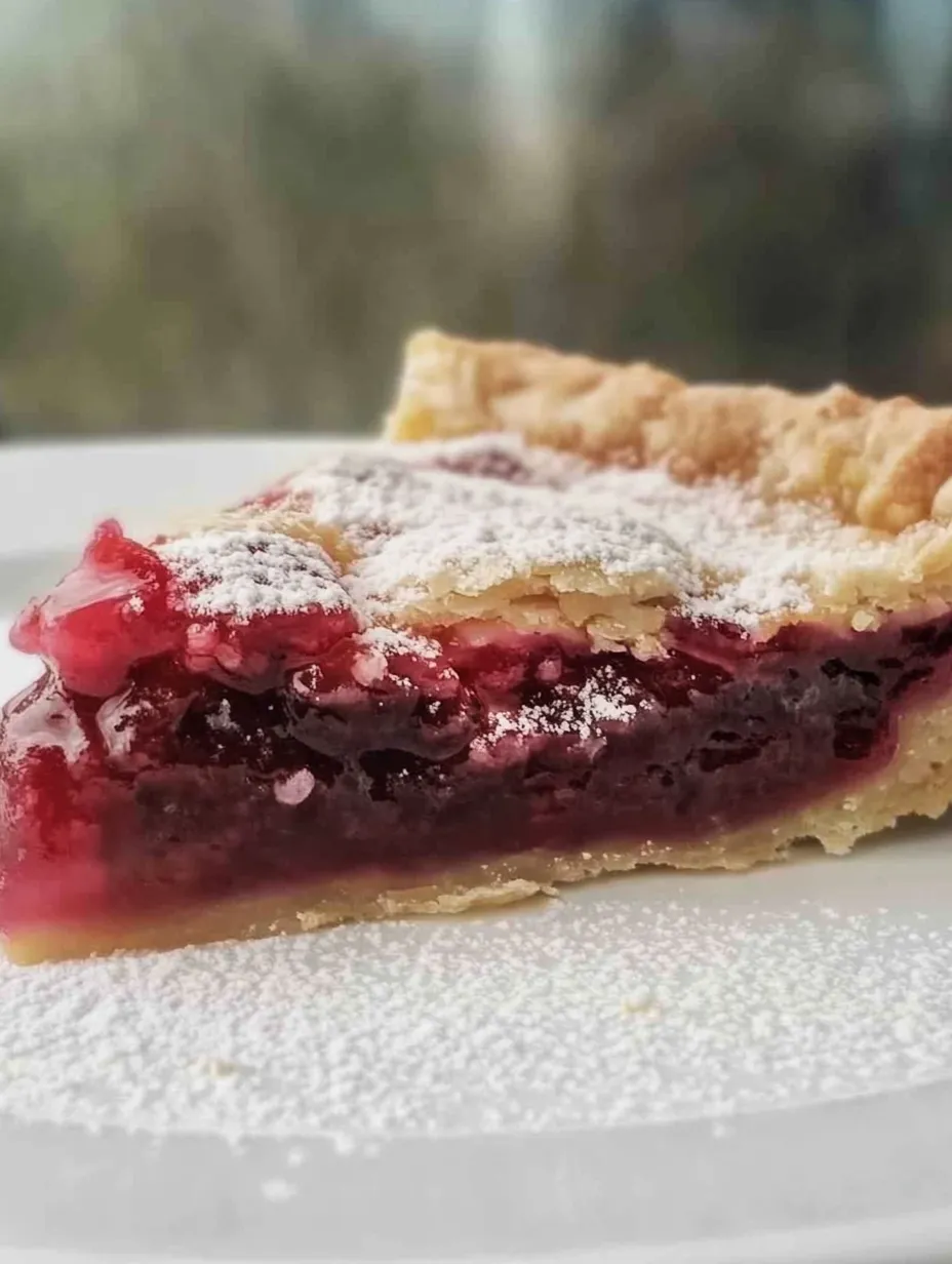 A slice of pie with white powder on top.