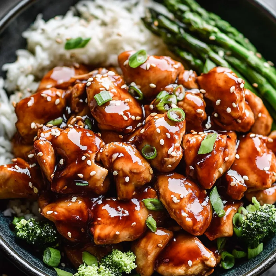 Juicy chicken coated with glossy sauce, served with rice and green broccoli.