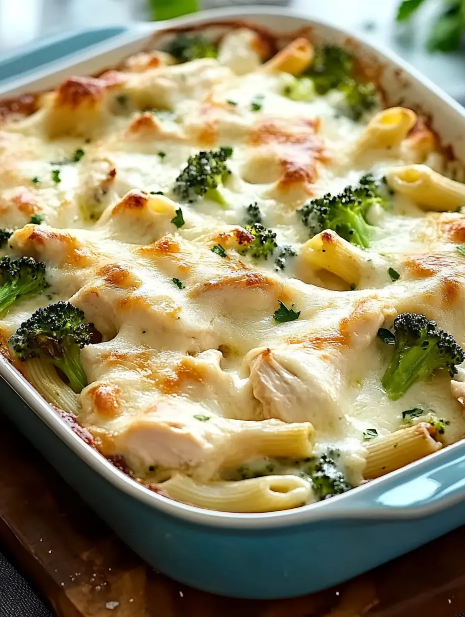 A dish of pasta with broccoli and chicken.