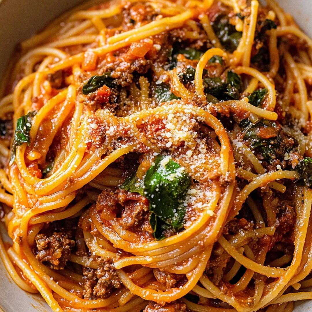 A mouthwatering bowl of pasta covered with savory meat sauce and bright herbs.