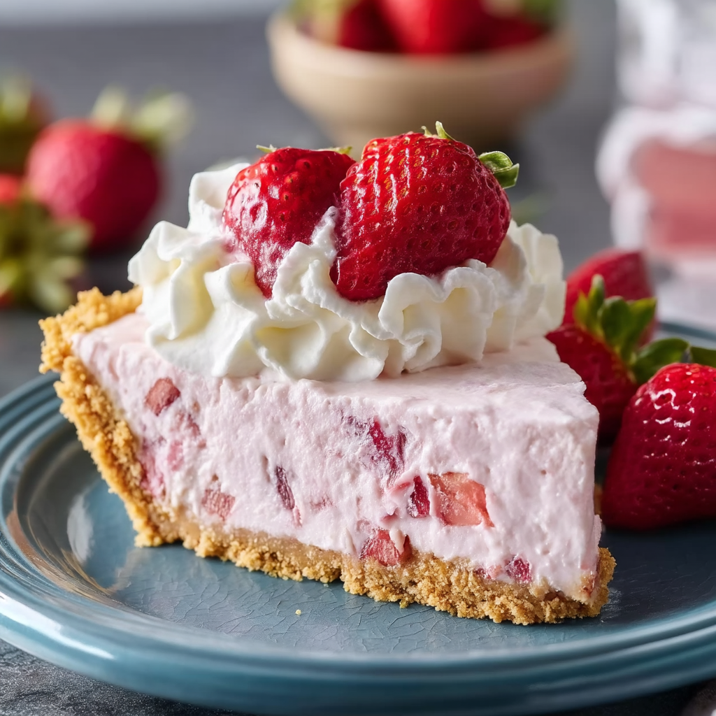A slice of creamy strawberry dessert topped with whipped cream.