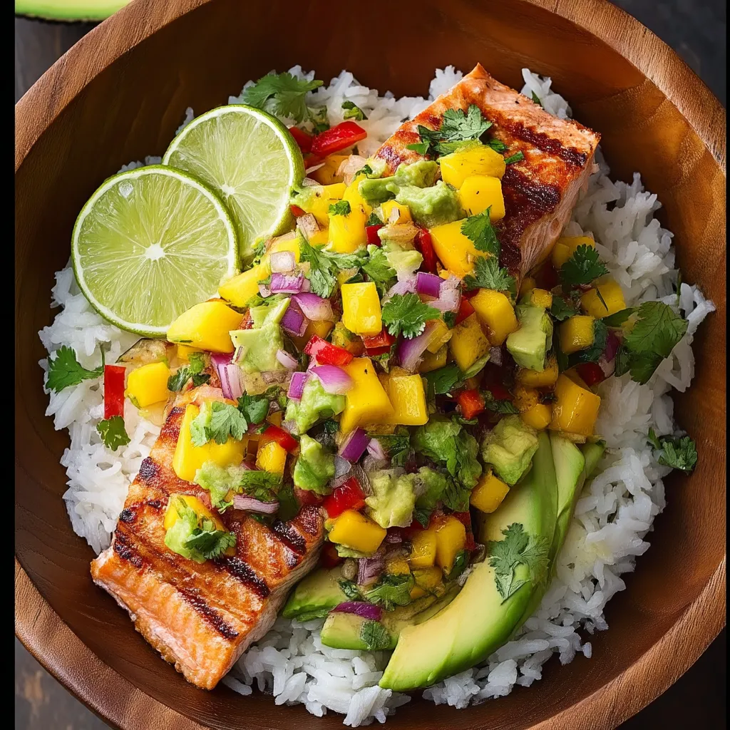 A plate featuring fish, rice, and vibrant toppings.