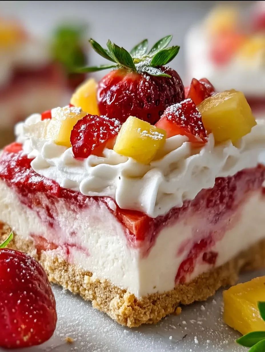 A slice of cake with strawberries and pineapple on top.