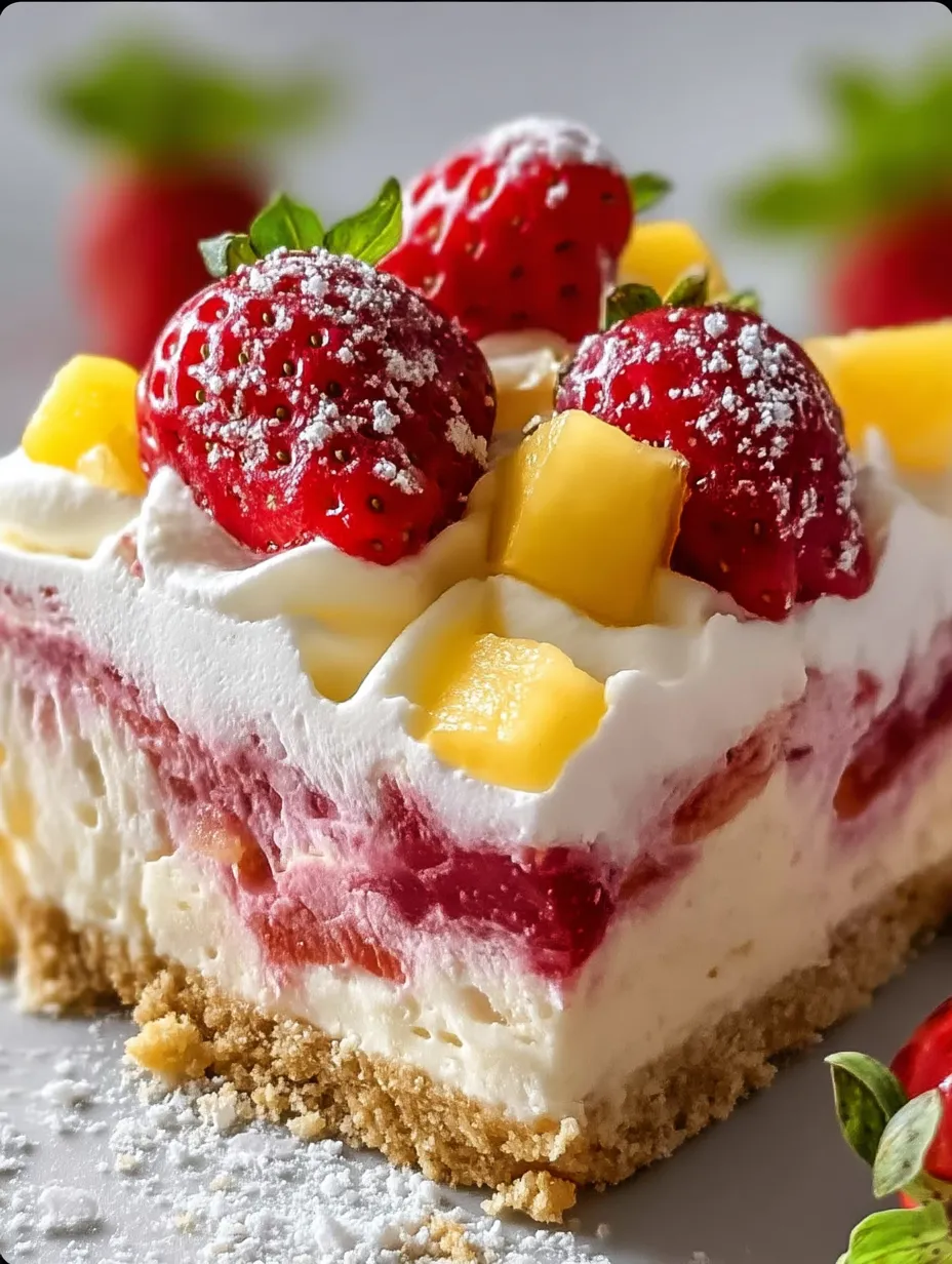 A slice of cake with strawberries and pineapple on top.