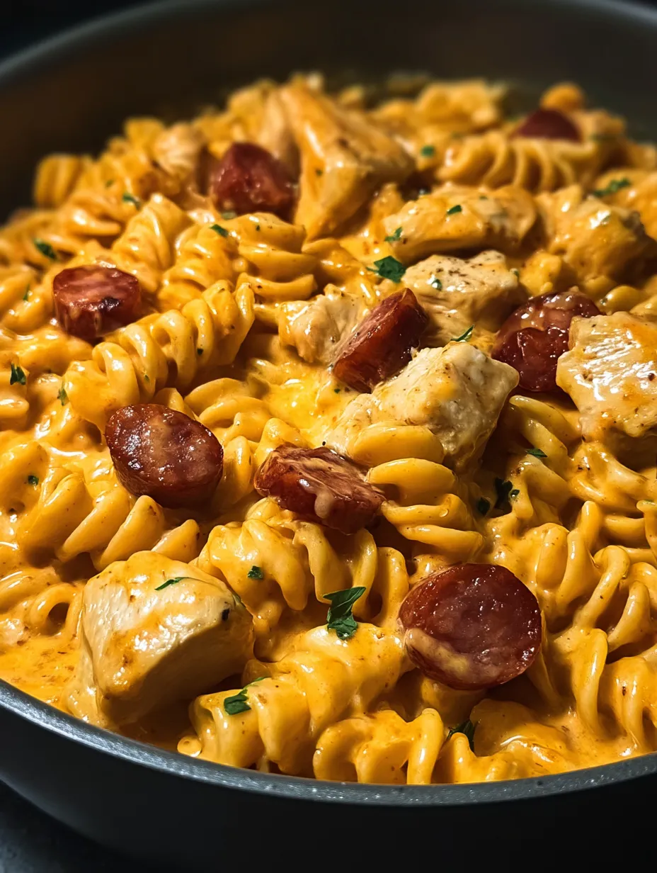 A bowl of pasta with meat and peppers.