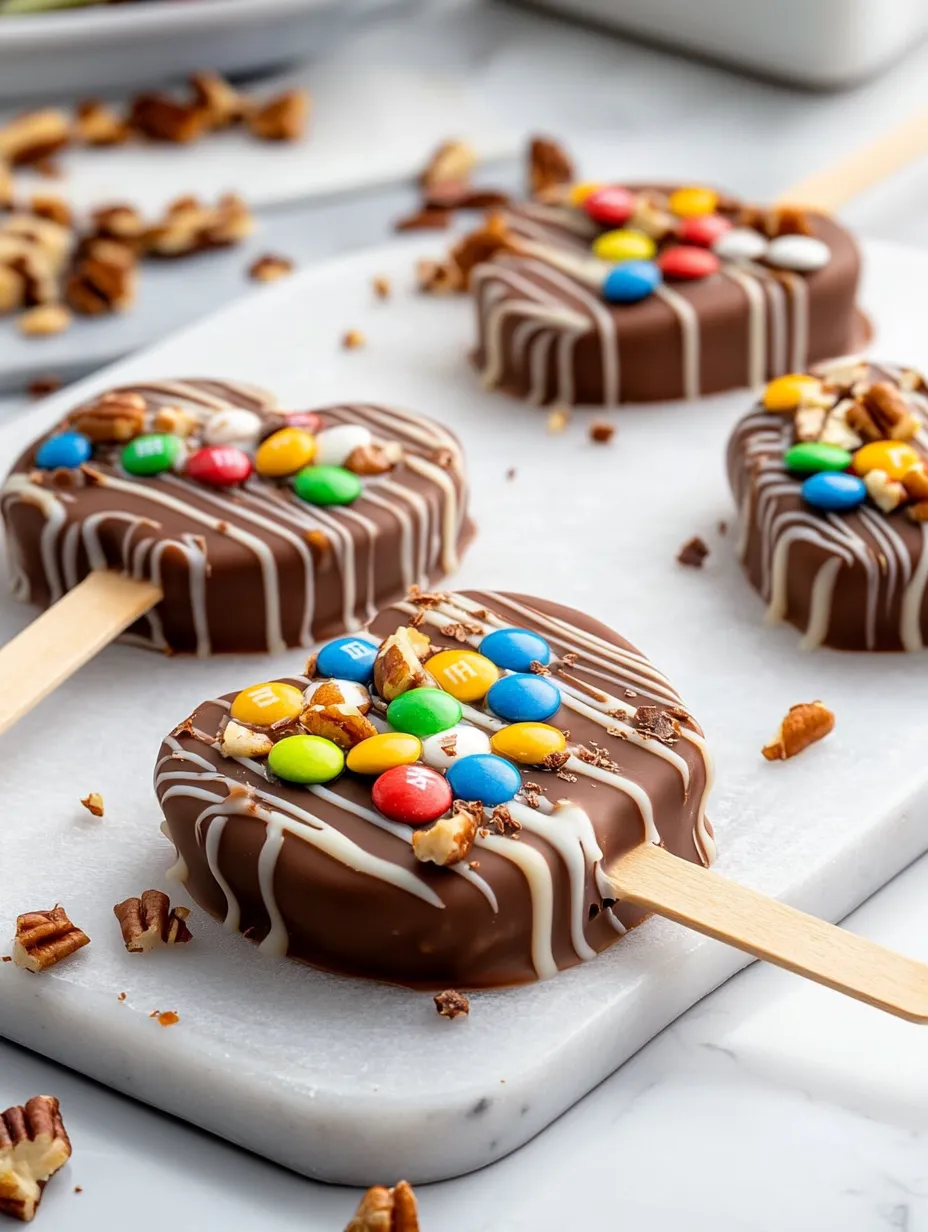 A chocolate cake with M&M's on a stick.