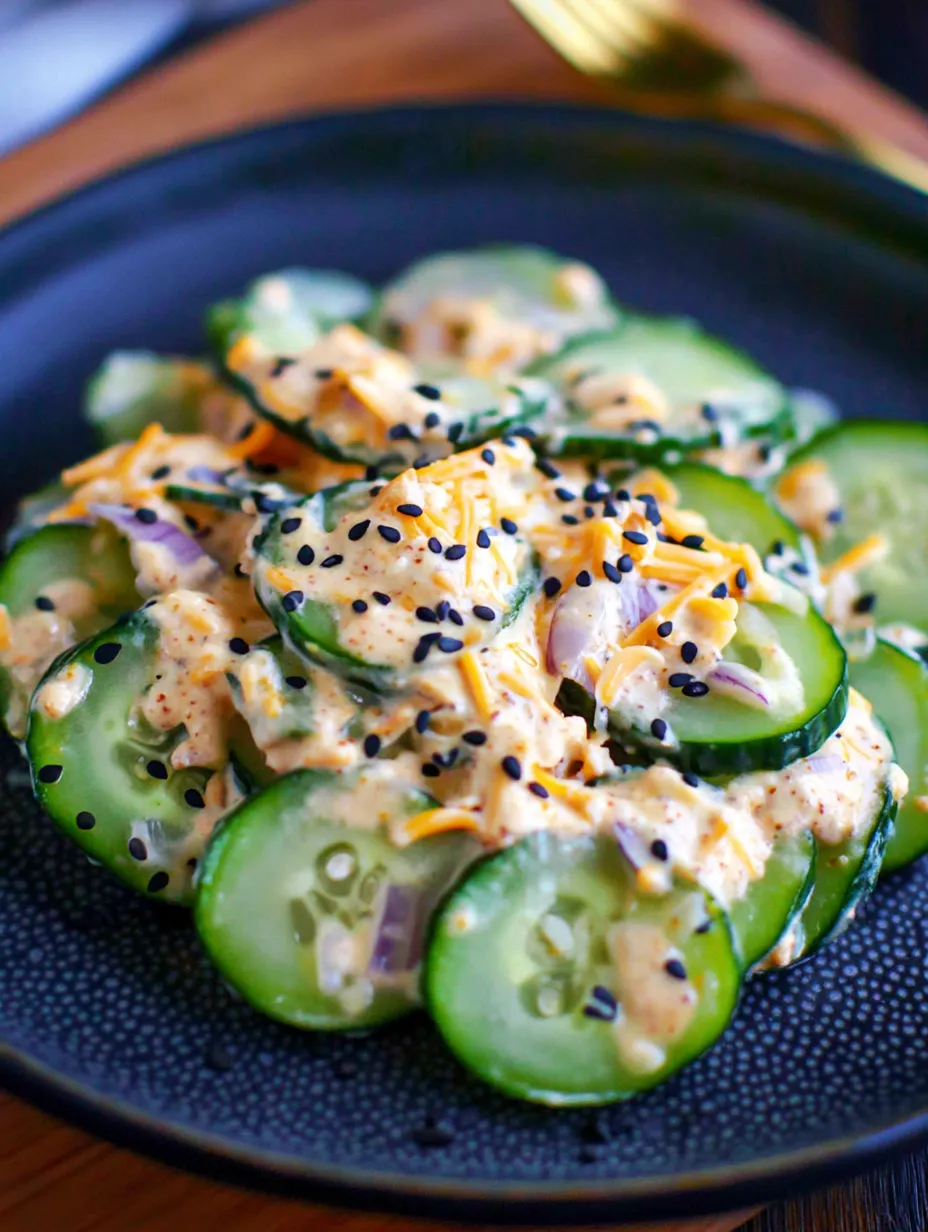 A plate of food with cucumbers and cheese.