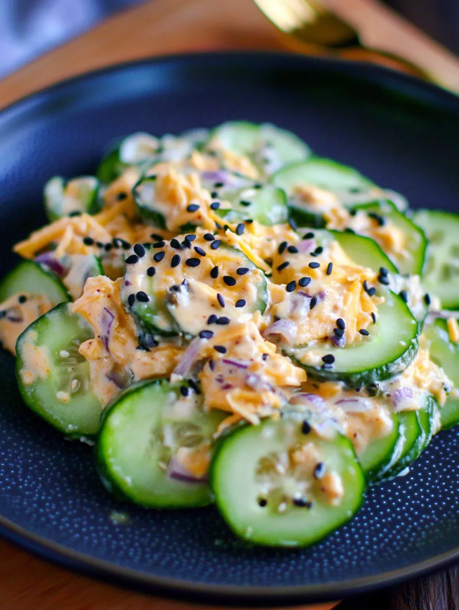 A plate of food with cucumbers and cheese.