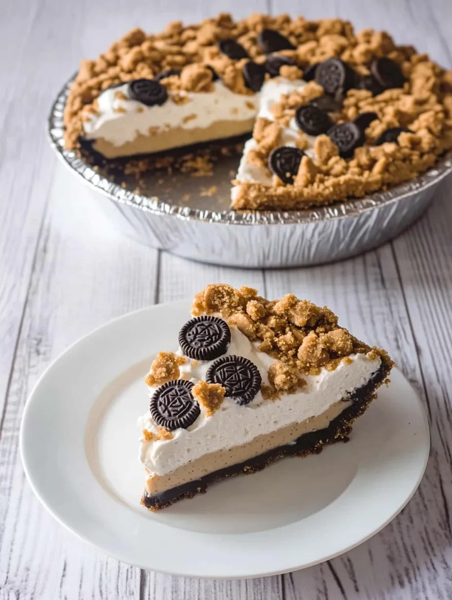 A slice of pie with chocolate and white cream.