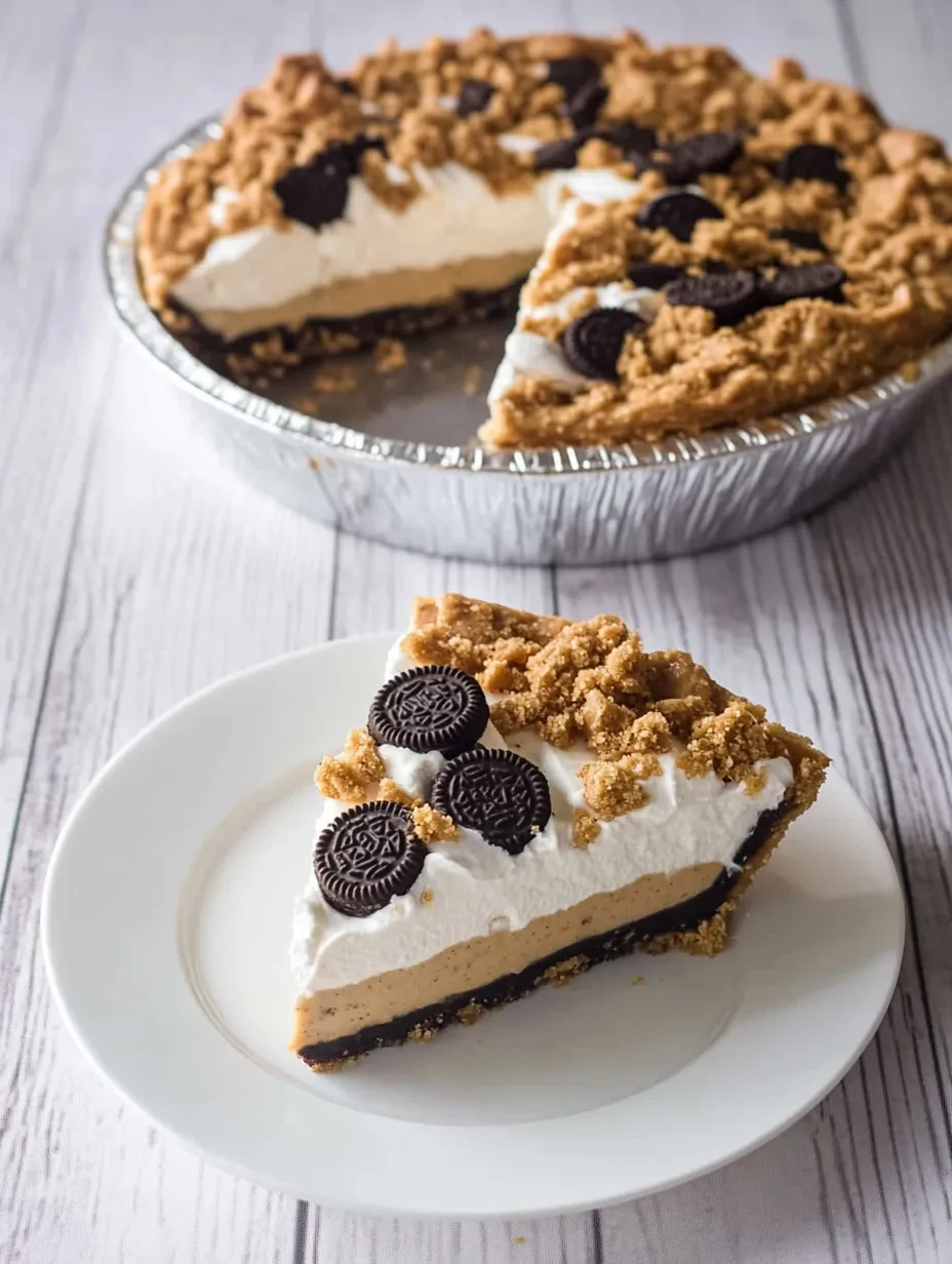 A slice of pie with chocolate and white frosting.