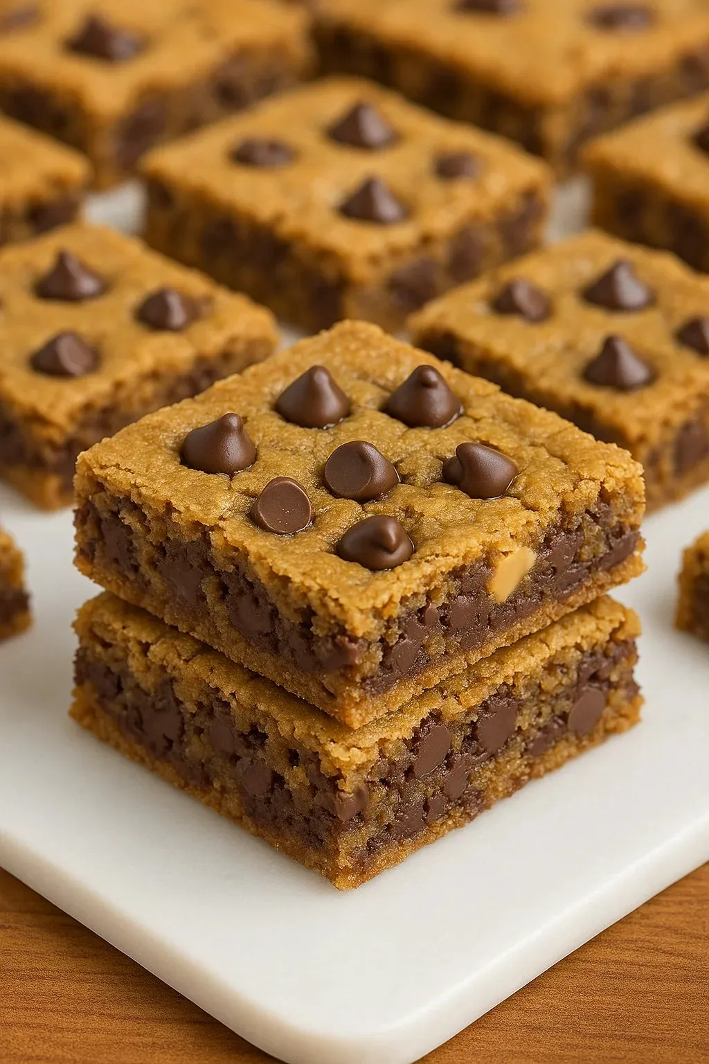 A square of chocolate cake with chocolate chips.