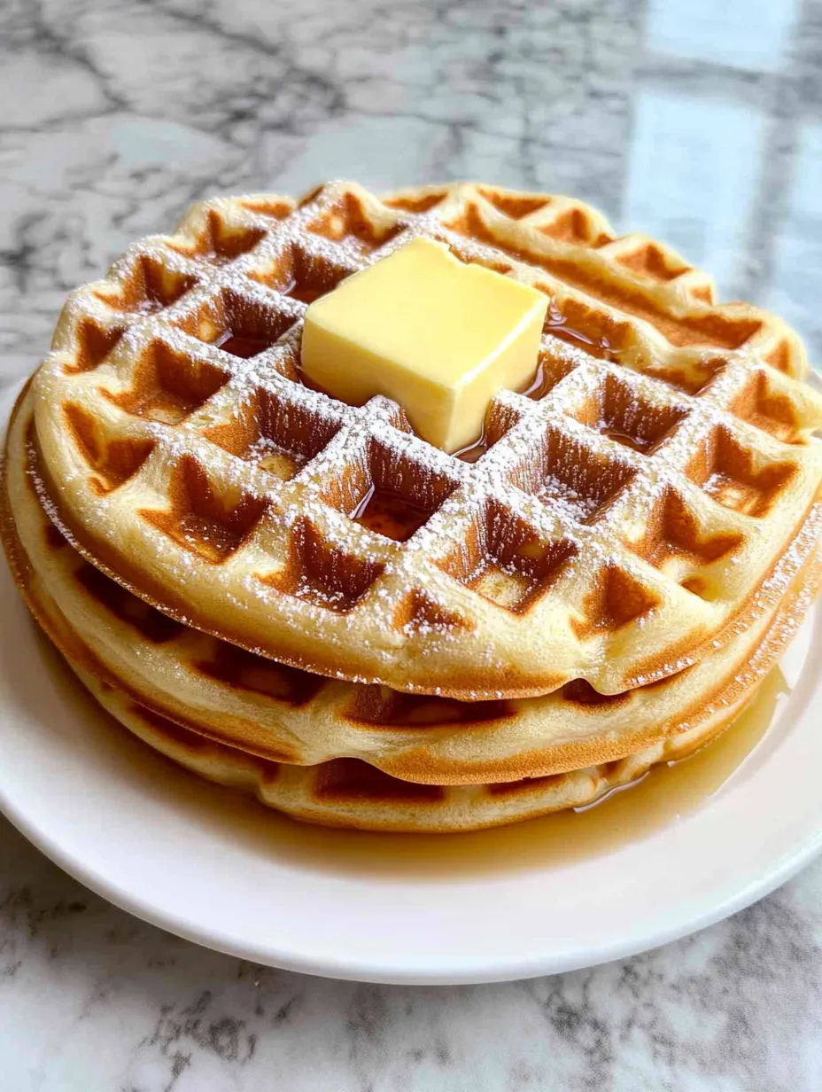 A stack of waffles with butter on top.