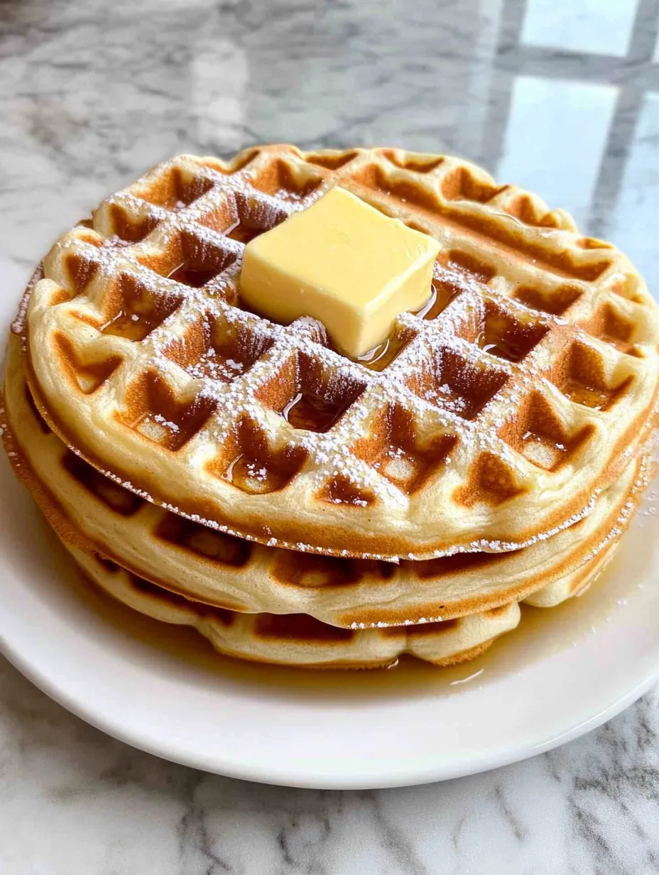 A stack of waffles with butter on top.