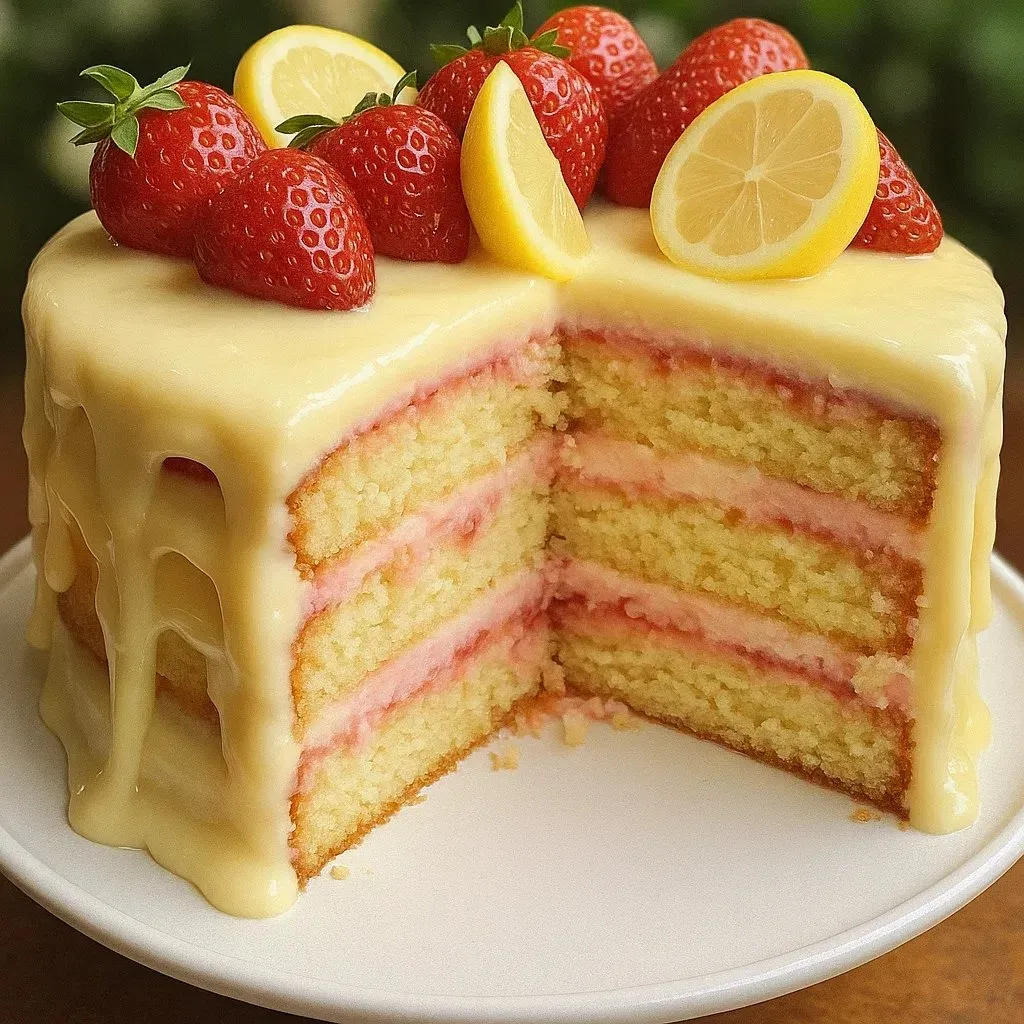 A slice of cake with strawberries and lemon on top.