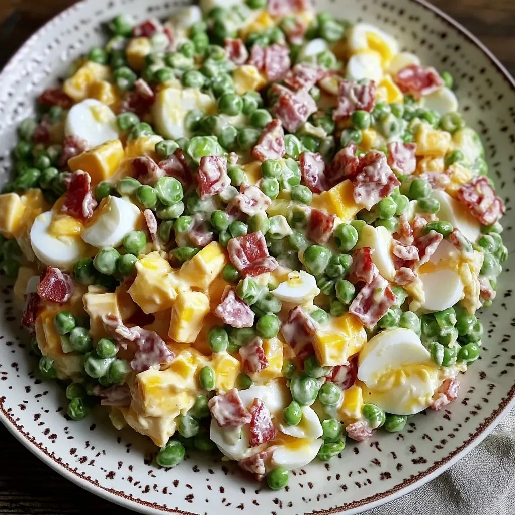 A plate of food with eggs, peas, and ham.