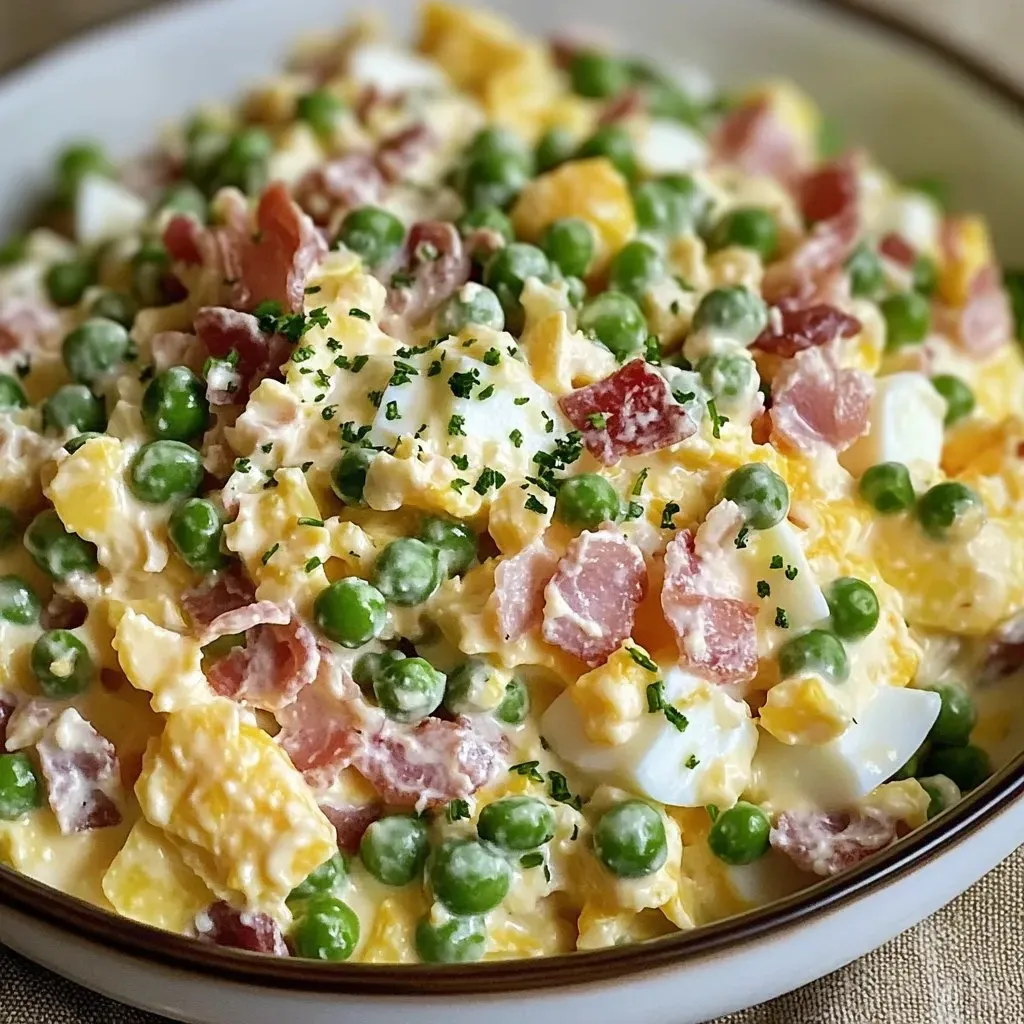 A bowl of food with peas and ham.