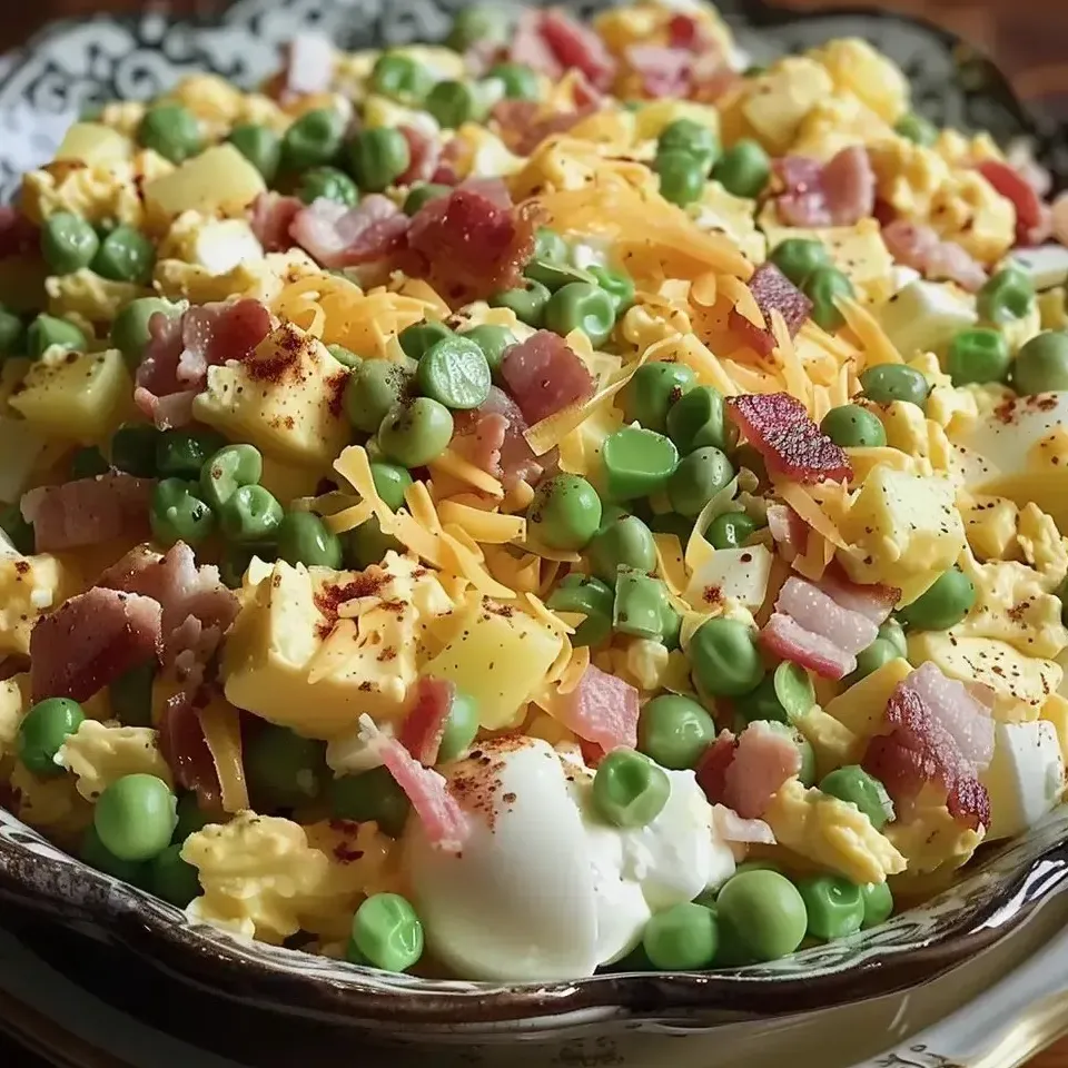 A bowl of food with ham, eggs, and peas.