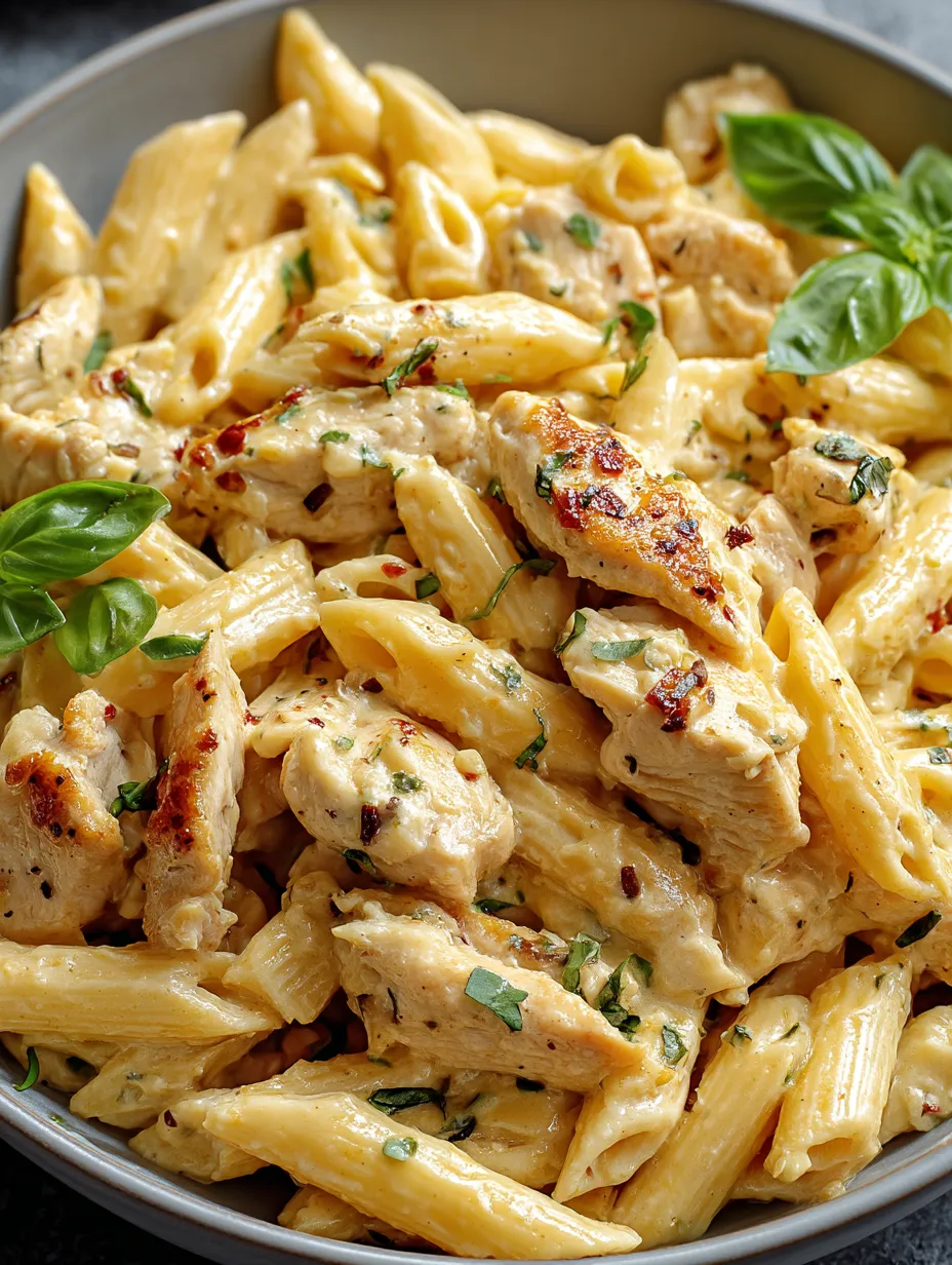 A bowl of yummy pasta with chicken and herbs.