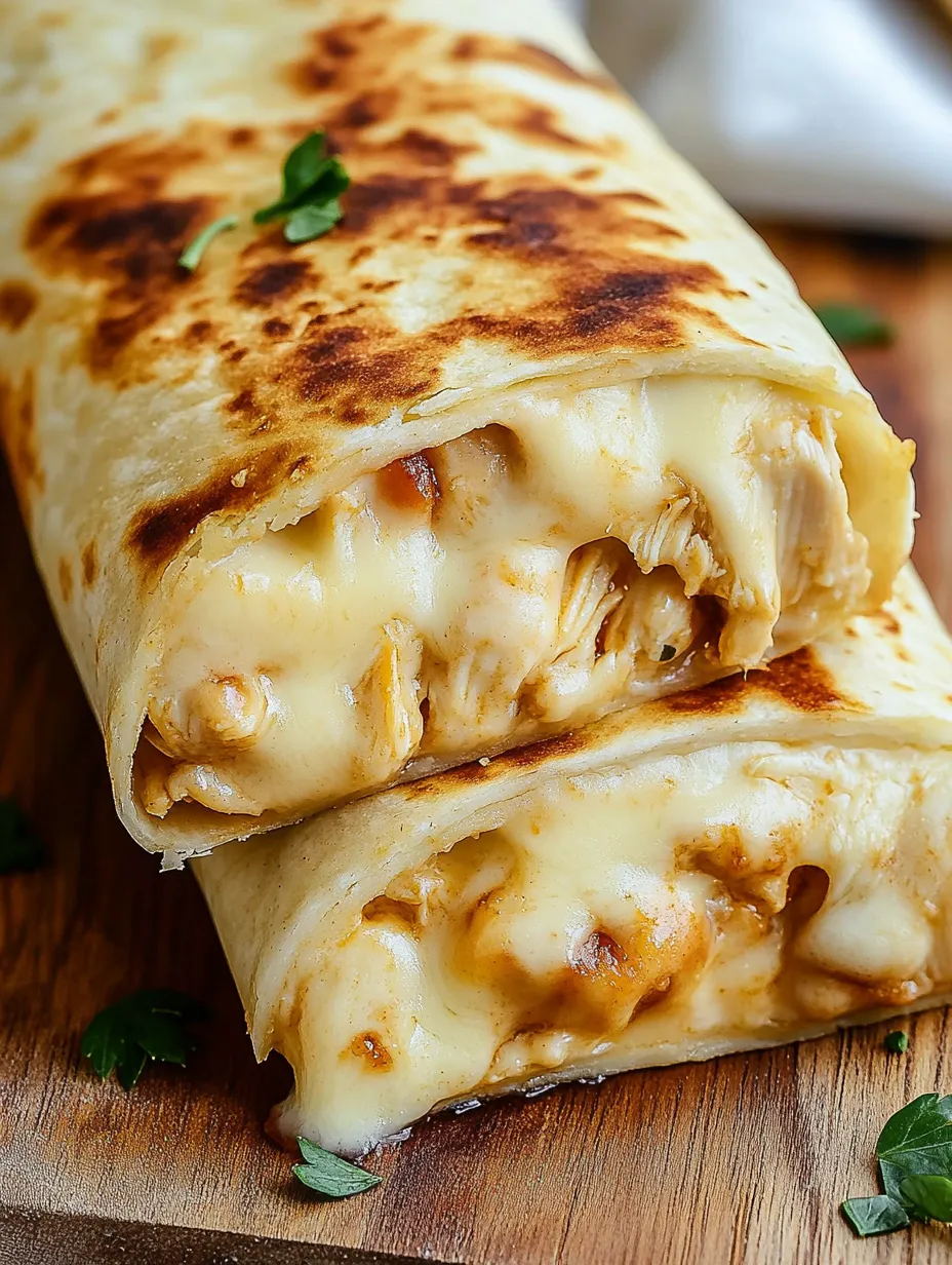 A wrap stuffed with chicken and cheese.