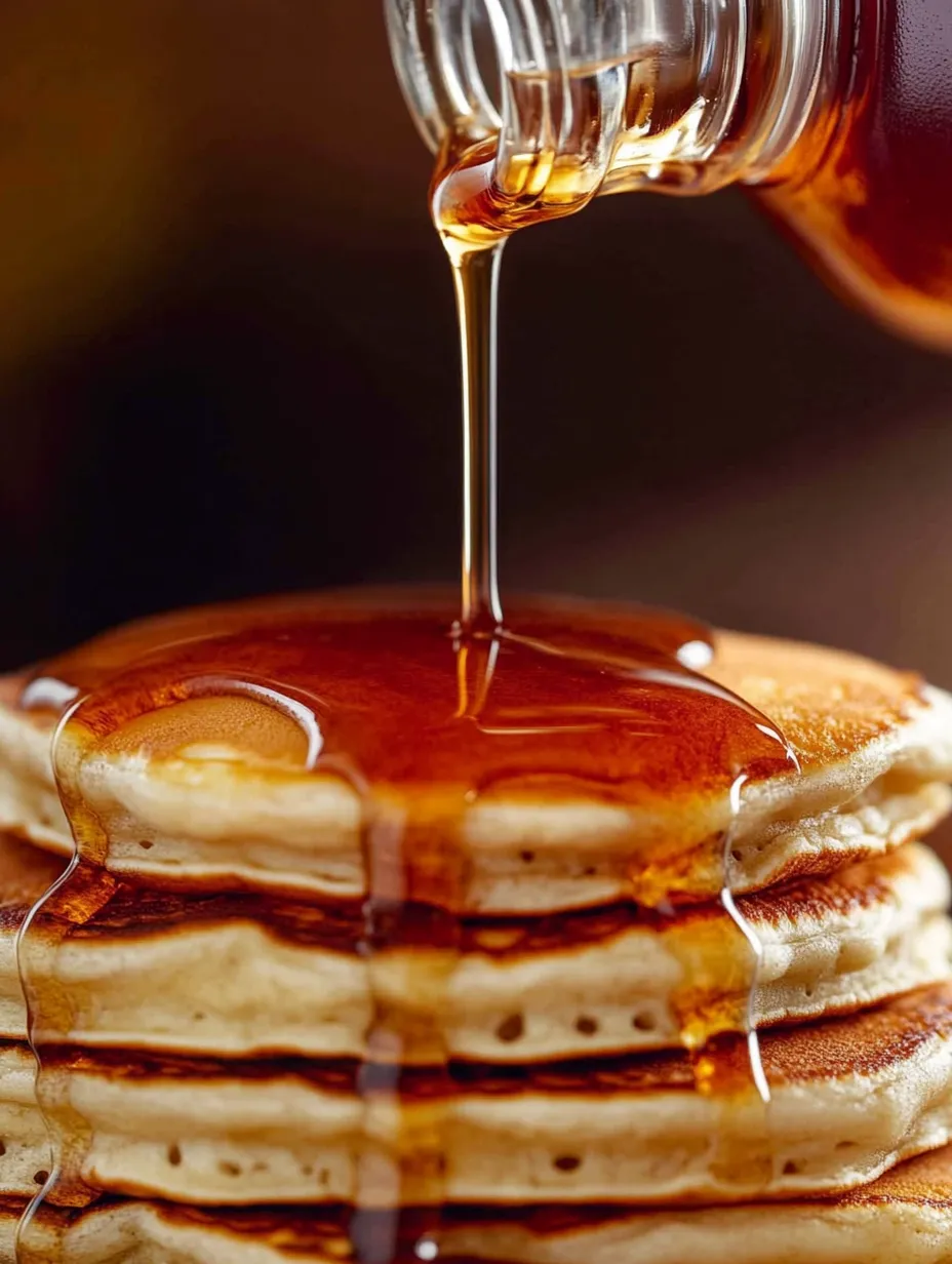 Syrup dripping from a stack of pancakes.