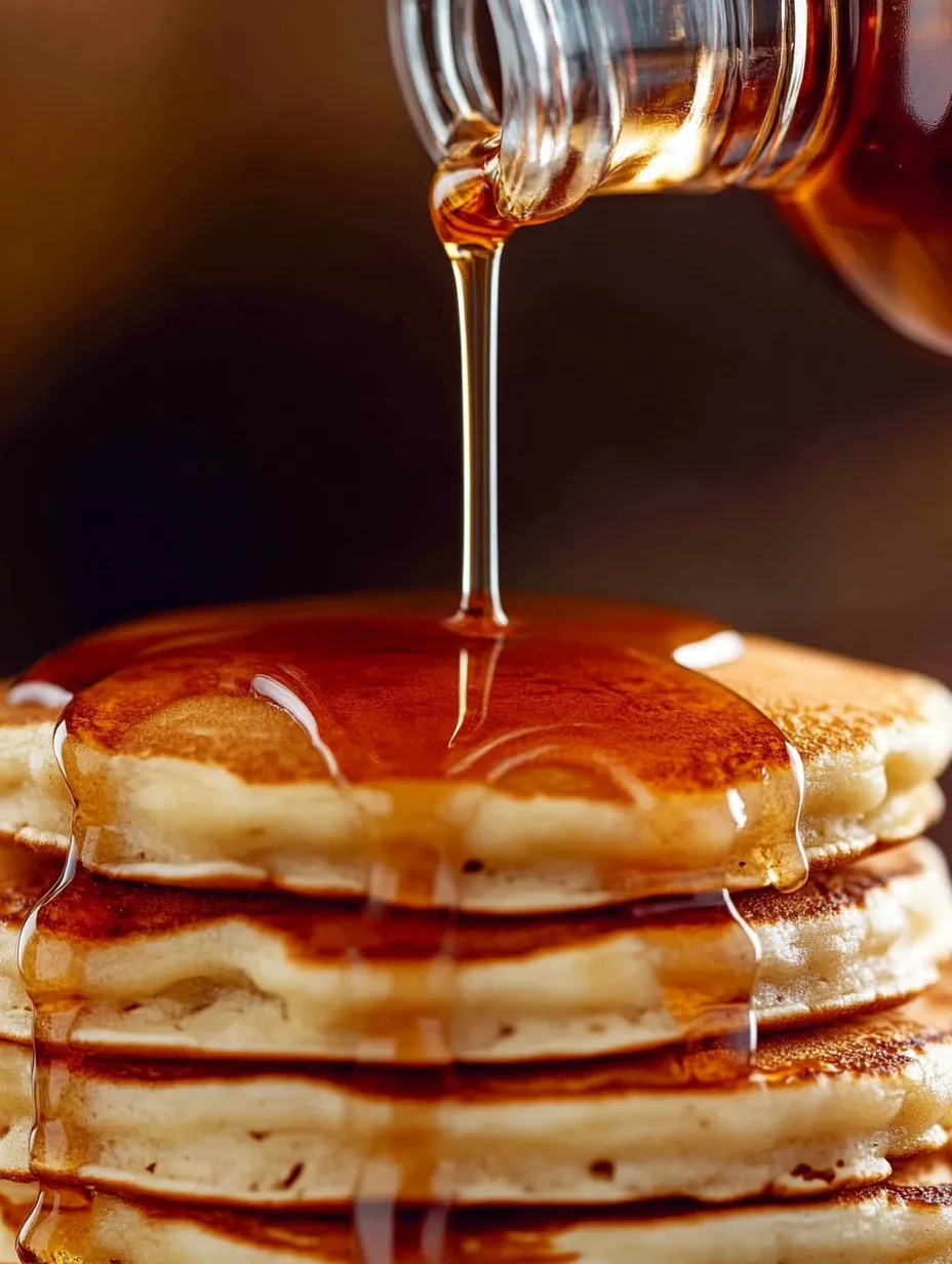 Syrup dripping off a stack of pancakes.