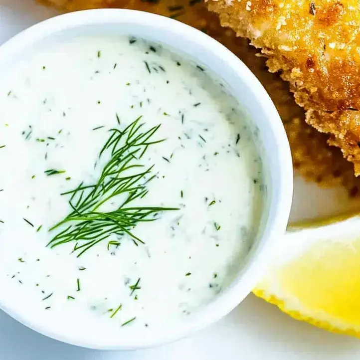 A bowl of sauce with a green herb in it.
