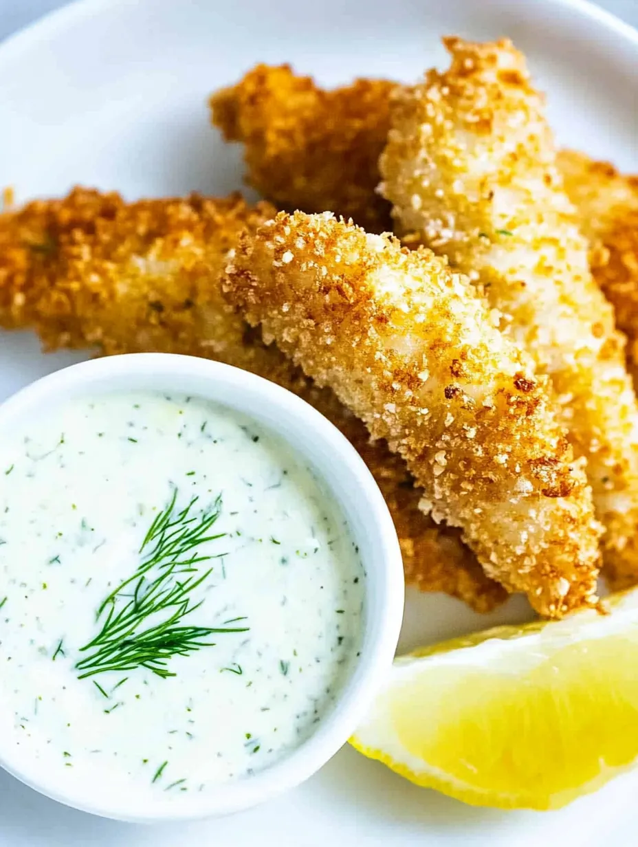 A bowl of sauce with a lemon wedge and breaded fish sticks.