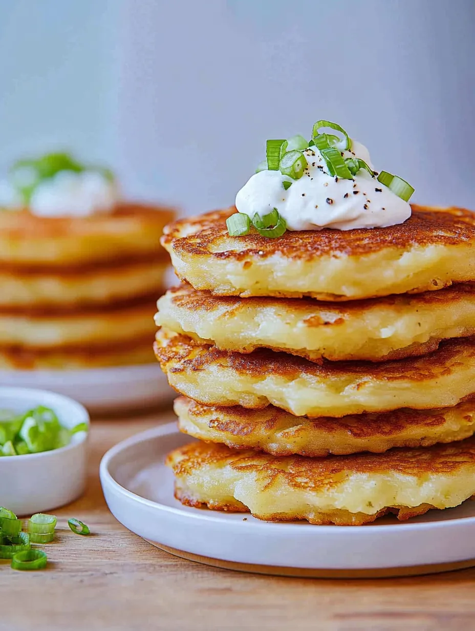A stack of pancakes with white sauce on top.