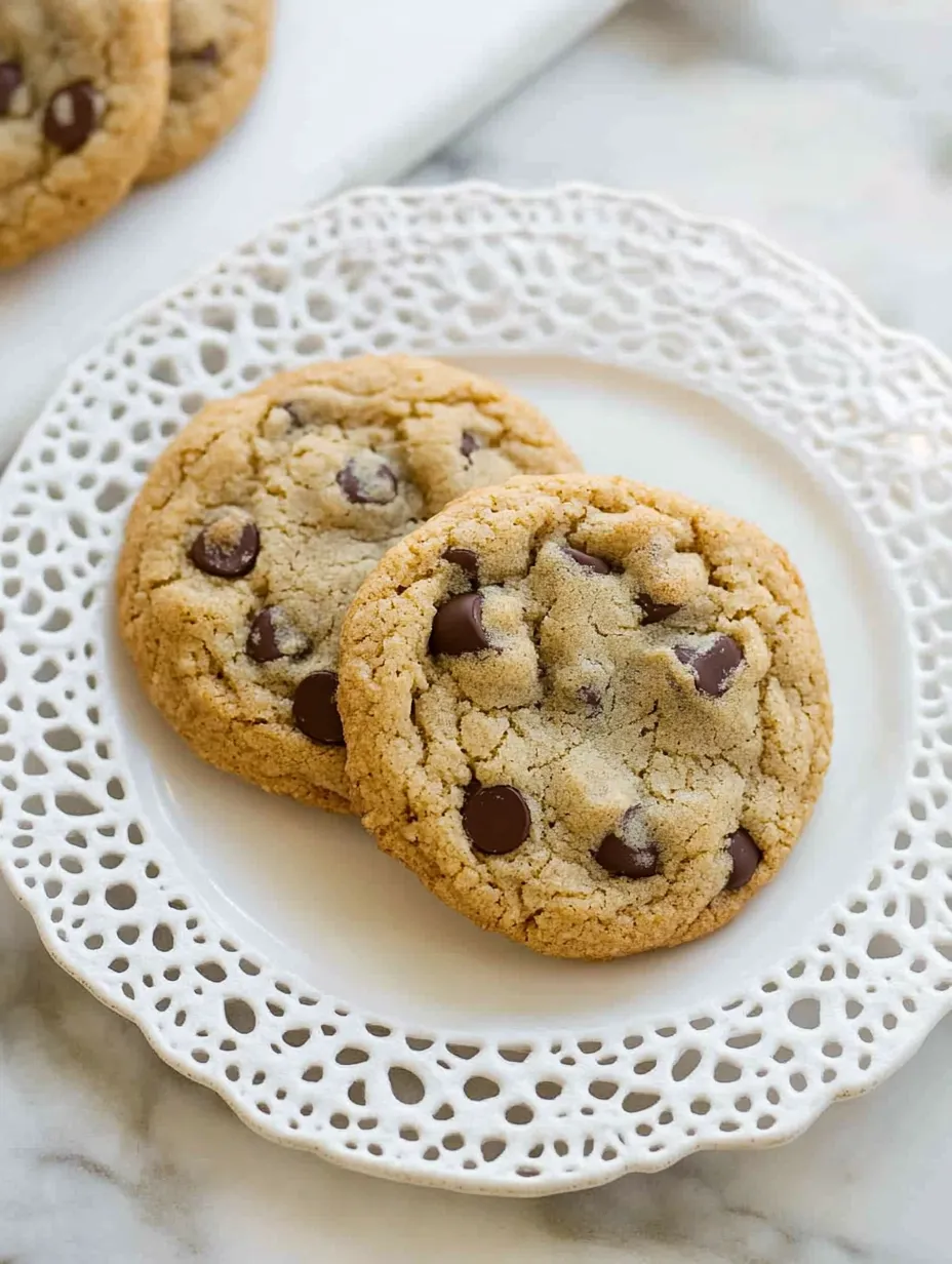 Two chocolate chip cookies on a white plate.