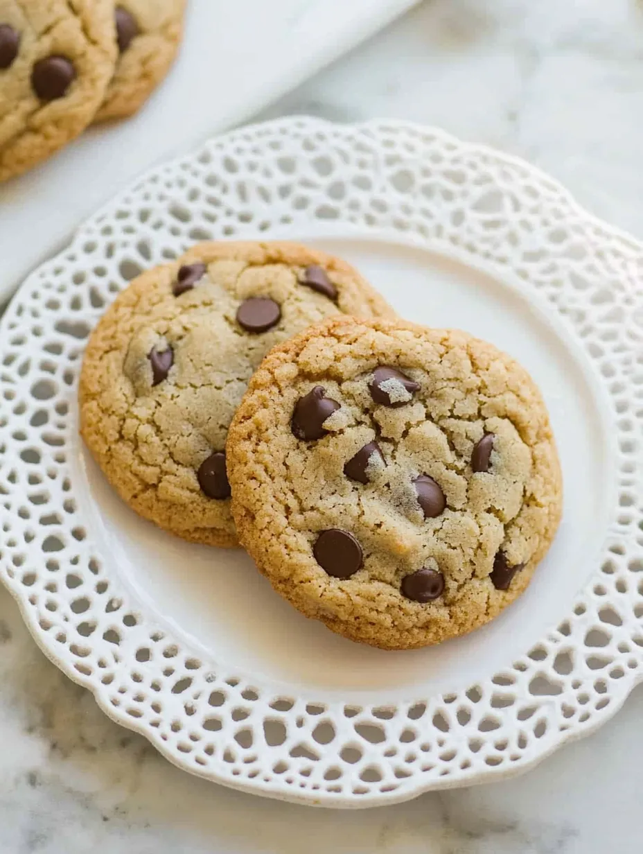 Two chocolate chip cookies on a white plate.