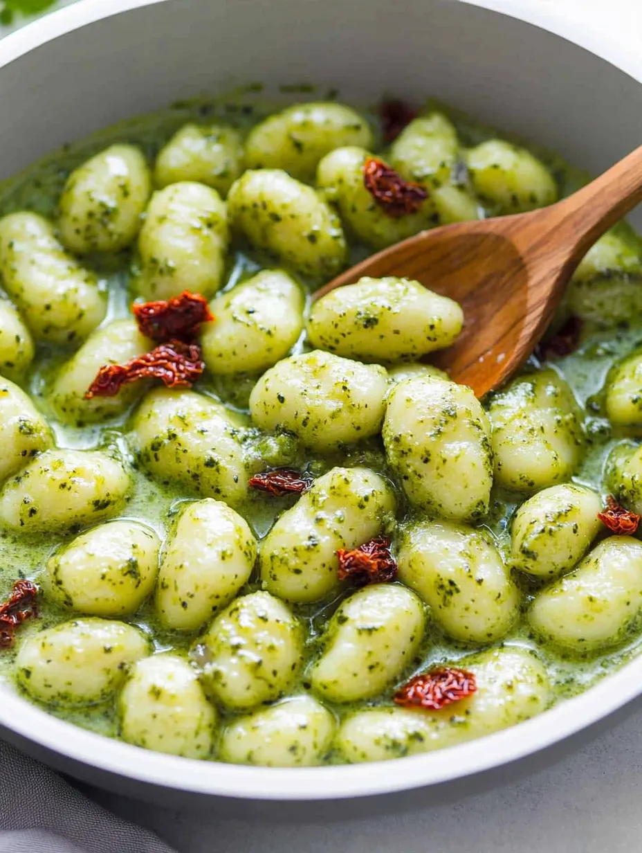 A bowl of pasta with red peppers and green sauce.