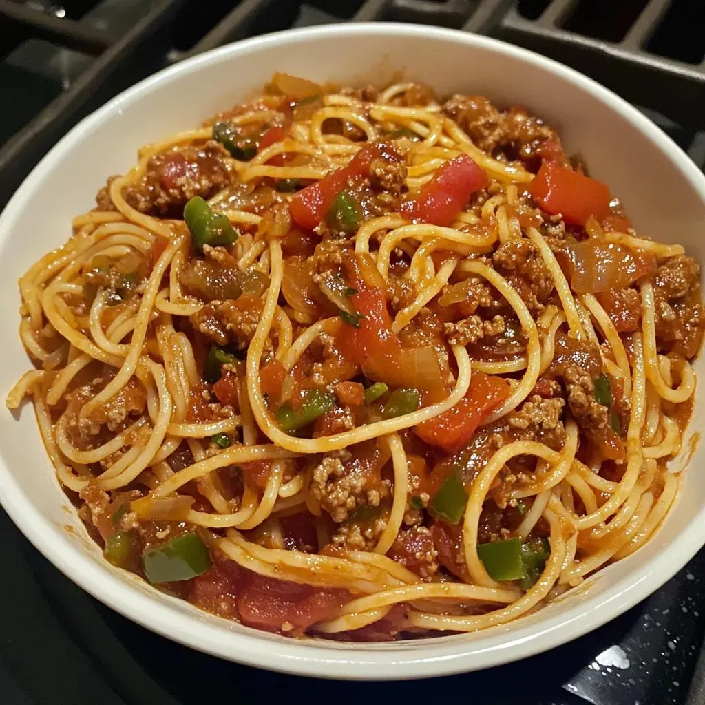 A scrumptious serving of spaghetti covered in meat sauce.
