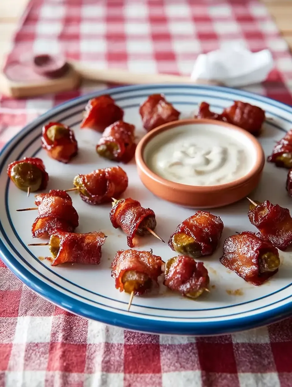 A plate of bacon wrapped around a toothpick.