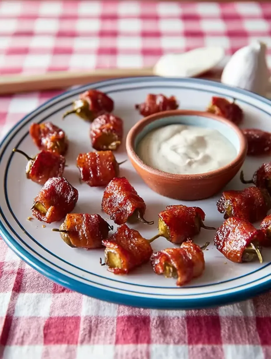 A plate of bacon wrapped peppers with a bowl of dipping sauce.