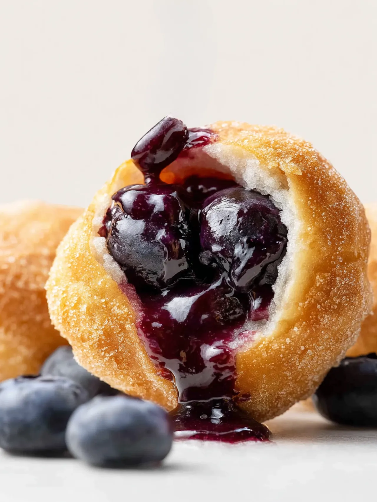 A jelly filled doughnut with blueberries on top.