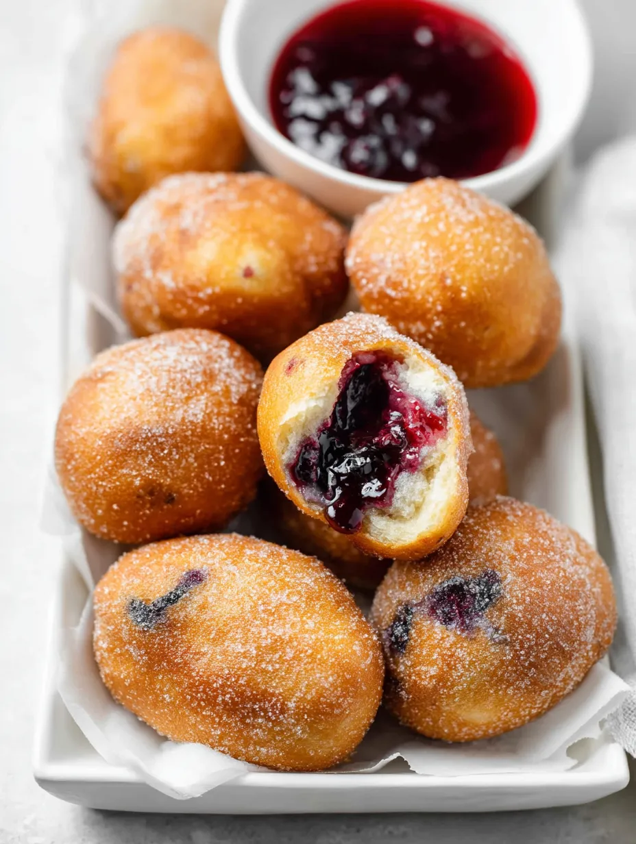 A plate of jelly filled doughnuts.