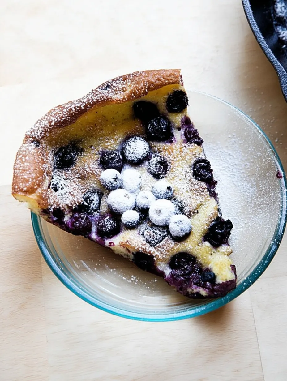 A slice of blueberry cake with powdered sugar on top.