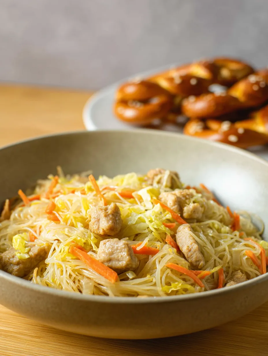 A bowl of noodles with meat and vegetables.