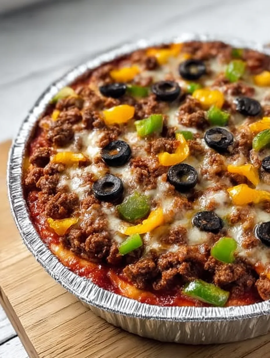 A pizza bowl with olives, peppers and cheese.