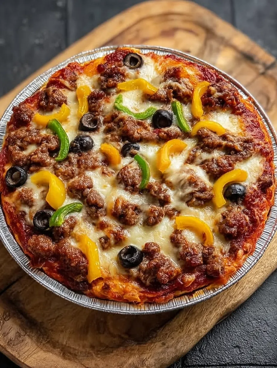 A pizza bowl with meat and vegetables.