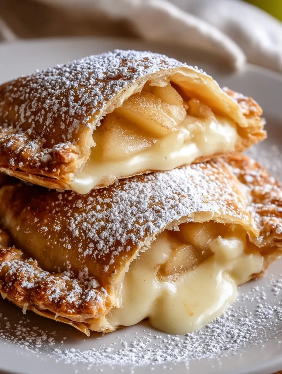 A pastry with apple filling and powdered sugar on top.