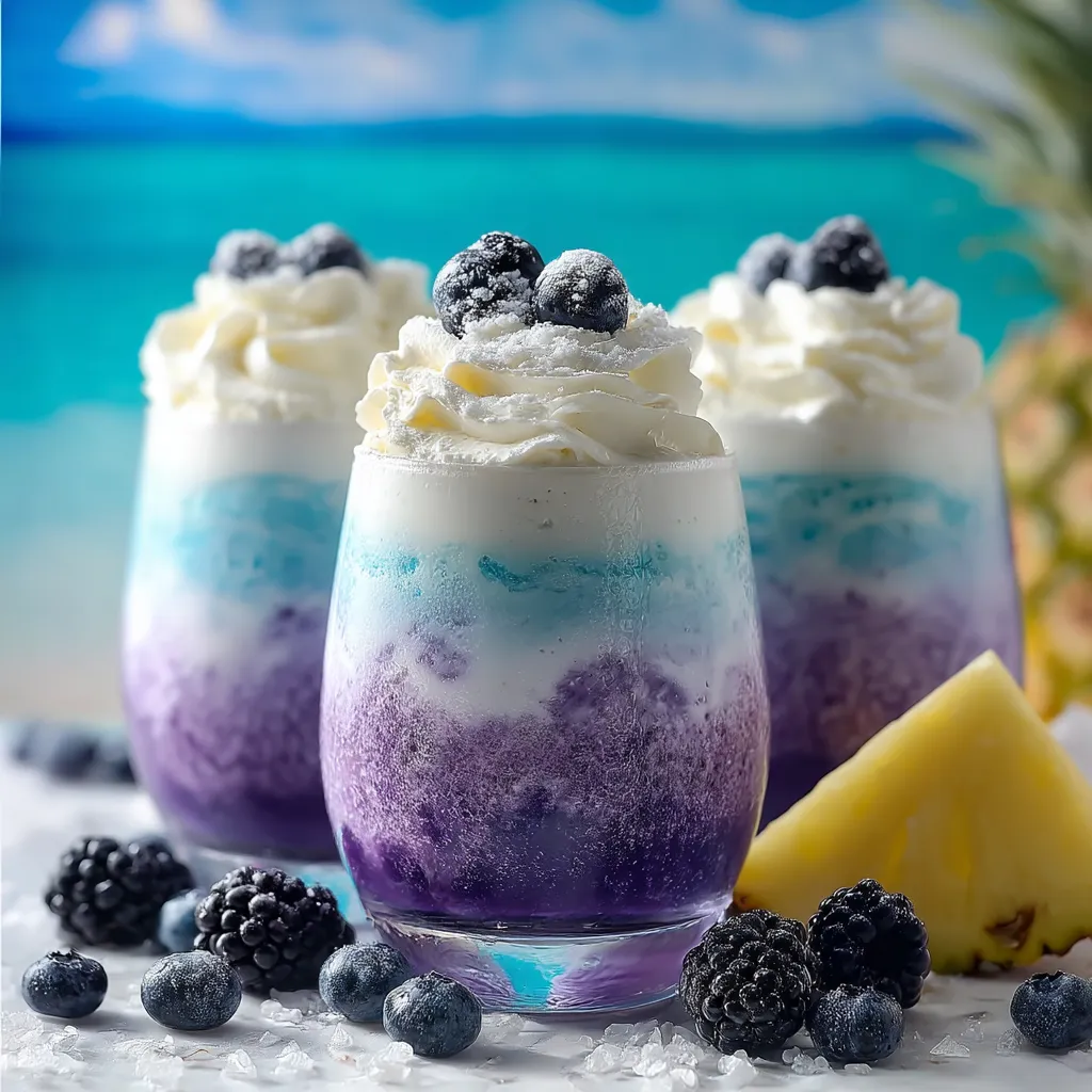 Two glasses of blue and white drinks with blueberries on the side.