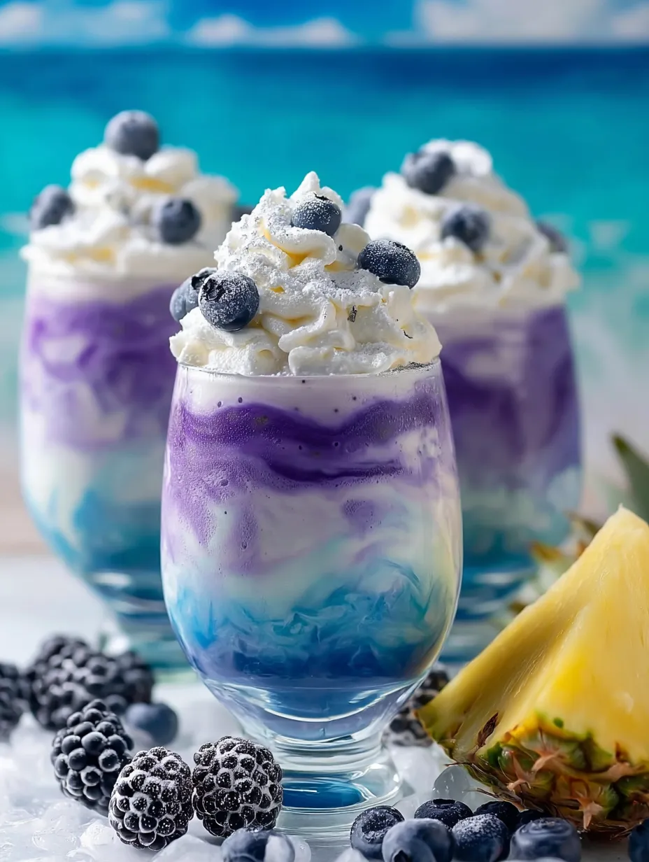 Two glasses of blueberry yogurt with pineapple on the side.