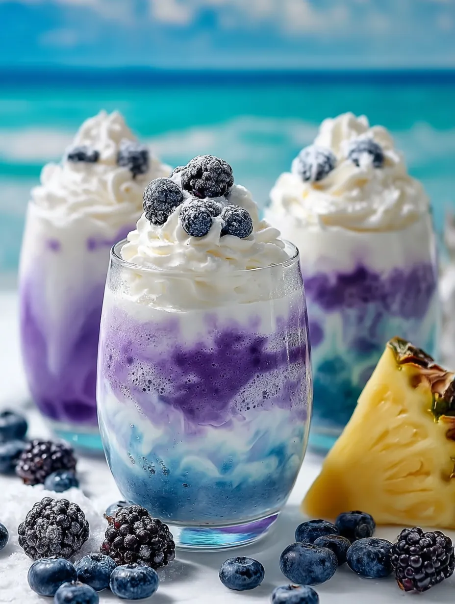 Three glasses of blueberry milkshake.